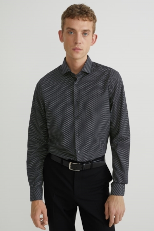 Chemises C&A Business Slim Fit Cutaway Collar Easy-iron Patterned Homme Noir | GH3084276