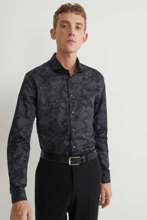 Chemises C&A Business Slim Fit Cutaway Collar Easy-iron Patterned Homme Noir | JF4631798