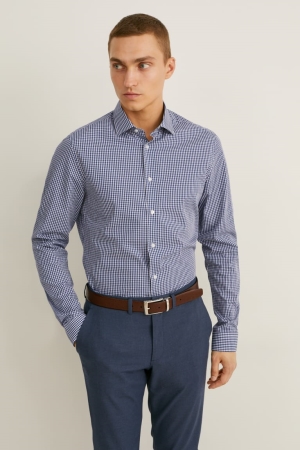 Chemises C&A Business Slim Fit Cutaway Collar Easy-iron Check Homme Bleu Foncé Blanche | SA1389574