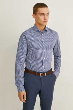 Chemises C&A Business Slim Fit Extra-long Sleeve s Easy-iron Homme Bleu Foncé Blanche | RQ9856104