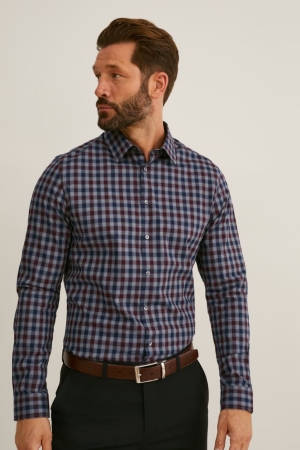 Chemises C&A Business Slim Fit Kent Collar Check Homme Grise Rouge Foncé | TD0742358