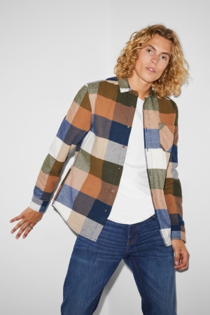 Chemises C&A Clockhouse Flannel Regular Fit Kent Collar Check Homme Marron Bleu | GU9657018