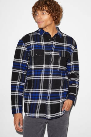 Chemises C&A Clockhouse Flannel Relaxed Fit Kent Collar Check Homme Bleu Noir | GV1035296