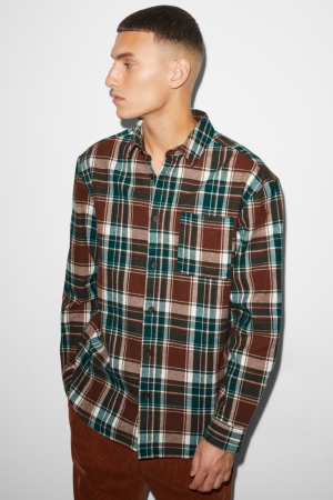 Chemises C&A Clockhouse Flannel Relaxed Fit Kent Collar Check Homme Marron Vert Foncé | TI1460327