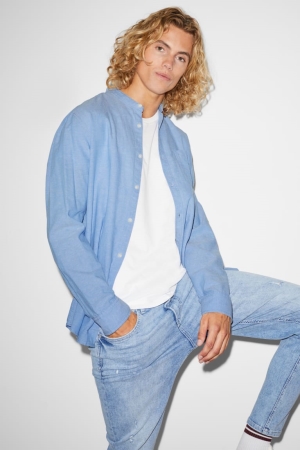 Chemises C&A Clockhouse Regular Fit Band Collar Organic Coton Homme Bleu Clair | MZ1265078