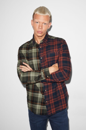 Chemises C&A Clockhouse Regular Fit Kent Collar Check Homme Marron Vert Foncé | CS9084236