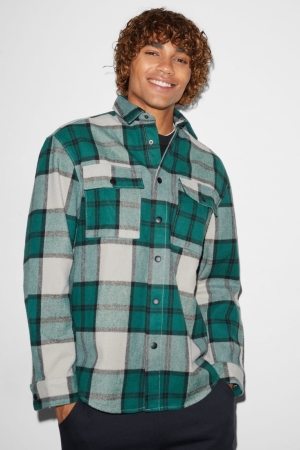 Chemises C&A Clockhouse Relaxed Fit Kent Collar Check Homme Vert Foncé Blanche | UG5291640