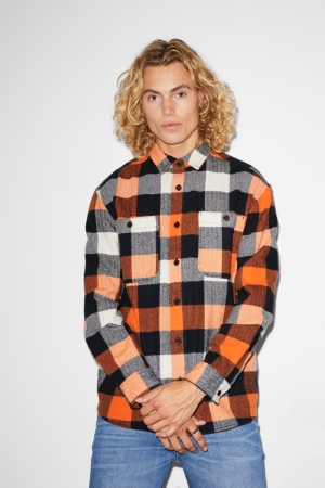 Chemises C&A Clockhouse Relaxed Fit Kent Collar Check Homme Orange | ZY6783421