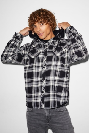 Chemises C&A Clockhouse With Hood Check Homme Noir Blanche | PH3045268