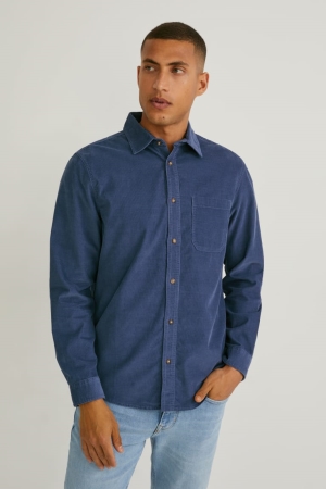 Chemises C&A Corduroy Regular Fit Classiche Collar Homme Bleu | UF0138265