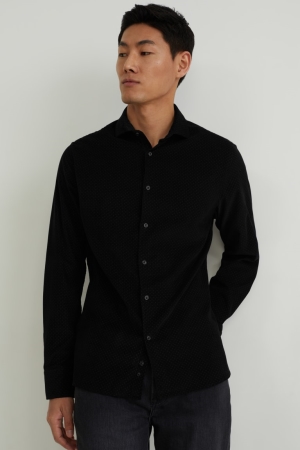 Chemises C&A Corduroy Slim Fit Cutaway Collar Homme Noir | SG6521738