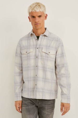 Chemises C&A Corduroy Slim Fit Kent Collar Check Homme Blanche Grise | XP9485731