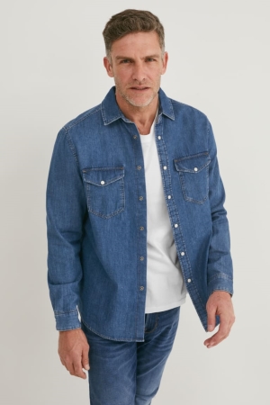 Chemises C&A Denim Regular Fit Kent Collar Recycled Homme Bleu Bleu Foncé | QX8096712