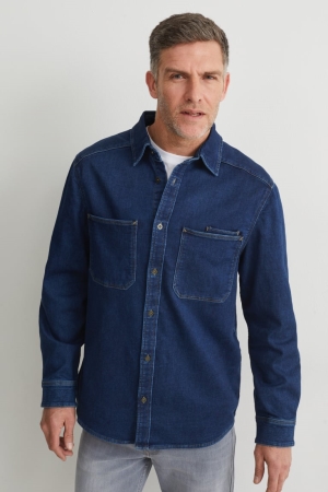 Chemises C&A Denim Regular Fit Kent Collar Homme Bleu Bleu Foncé | XC1653270