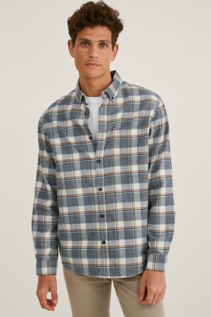 Chemises C&A Flannel Regular Fit Button-down Collar Check Homme Blanche Grise | UG9134780