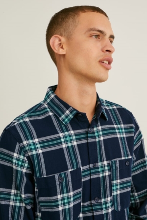 Chemises C&A Flannel Regular Fit Kent Collar Check Homme Bleu Foncé Grise | JL8562473