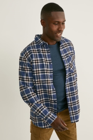 Chemises C&A Flannel Regular Fit Kent Collar Check Homme Bleu Foncé Blanche | JQ2635918