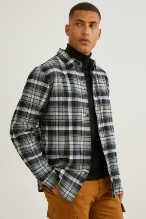 Chemises C&A Flannel Regular Fit Kent Collar Check Homme Vert Foncé Grise | KT1436087