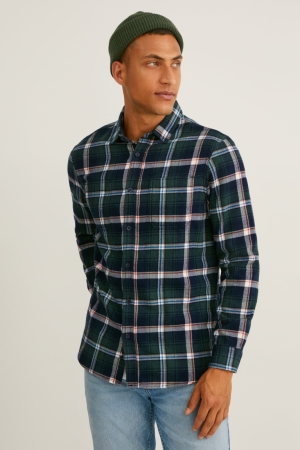 Chemises C&A Flannel Regular Fit Kent Collar Check Homme Vert Foncé Blanche | NE9064257