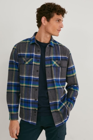 Chemises C&A Flannel Regular Fit Kent Collar Check Homme Grise | NF9368512