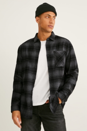 Chemises C&A Flannel Regular Fit Kent Collar Check Homme Grise Foncé | OU6594037