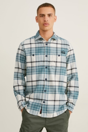 Chemises C&A Flannel Regular Fit Kent Collar Check Homme Vert Blanche | TA4921803