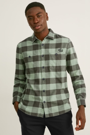Chemises C&A Flannel Regular Fit Kent Collar Check Homme Vert Foncé Noir | WR9342567