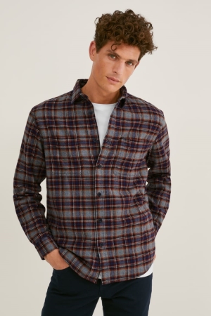 Chemises C&A Flannel Regular Fit Kent Collar Check Homme Grise Rouge Foncé | YD0569142