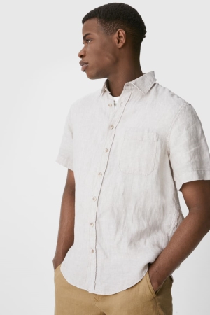 Chemises C&A Linen Regular Fit Kent Collar Homme Creme | AT3907164