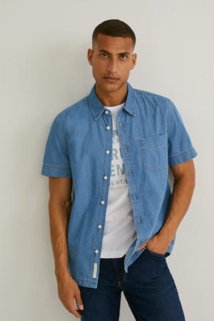 Chemises C&A Mustang Denim Slim Fit Kent Collar Homme Bleu Bleu Clair | KB0461735