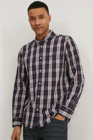 Chemises C&A Mustang Regular Fit Button-down Collar Check Homme Rouge Bleu Foncé | XV0589614