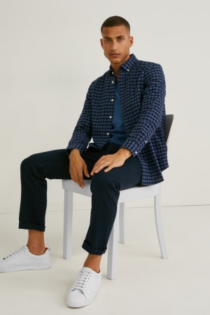 Chemises C&A Oxford Regular Fit Button-down Collar Check Homme Bleu Foncé | XL0386971