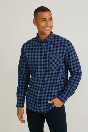 Chemises C&A Regular Fit Button-down Collar Check Homme Bleu | XY8612457