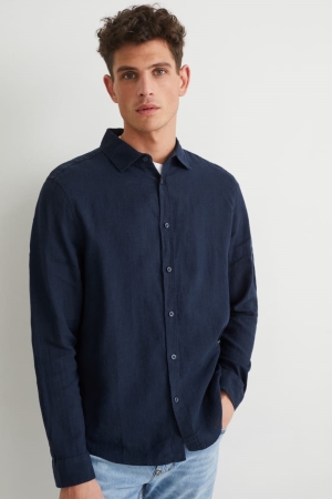 Chemises C&A Regular Fit Kent Collar With Linen Made From European Flax® Homme Bleu Foncé | KV0462753