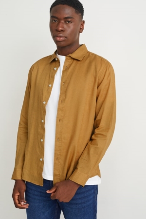 Chemises C&A Regular Fit Kent Collar With Linen Made From European Flax® Homme Moutarde Jaune | UP2694718