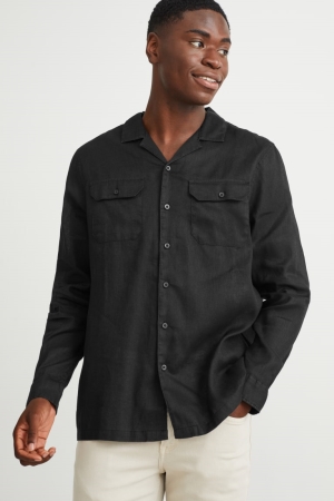 Chemises C&A Regular Fit Lapel Collar Linen Blend Homme Noir | CM5087362