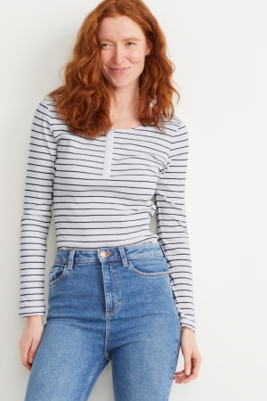 Hauts C&A Basic Long Sleeve Rayé Femme Blanche Bleu | RT6372405