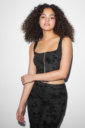 Hauts C&A Clockhouse Cropped Floral Femme Noir | YL5108963