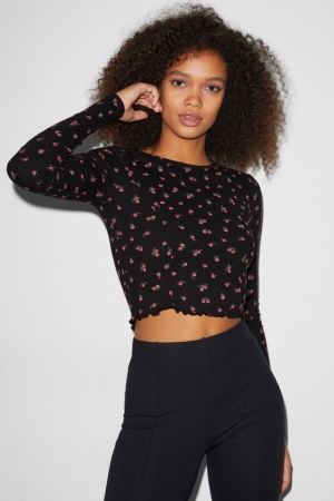 Hauts C&A Clockhouse Cropped Long Sleeve Floral Femme Noir | TF4013267