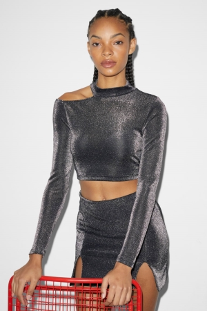 Hauts C&A Clockhouse Cropped Long Sleeve Shiny Femme Noir | ZQ2987564