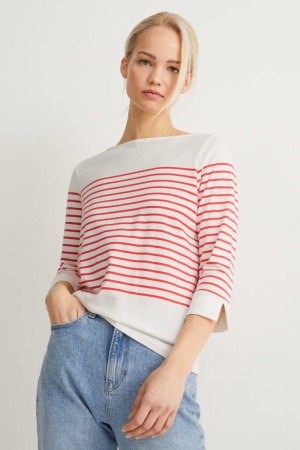 Hauts C&A Long Sleeve Rayé Femme Blanche Rouge | OA9146278