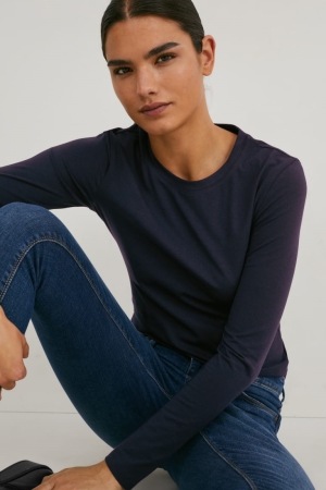 Hauts C&A Multipack Of 3 Basic Long Sleeve Organic Coton Femme Bleu Foncé | YE8906534