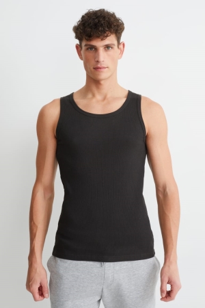 Hauts C&A Vest Double Rib Organic Coton Homme Noir | AS9017482