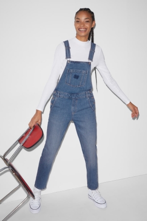 Jean C&A Clockhouse Denim Dungarees Relaxed Fit Femme Bleu Bleu Clair | UB0895437