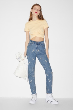Jean C&A Clockhouse Slim High Taille Floral Femme Bleu Bleu Clair | GX3102798