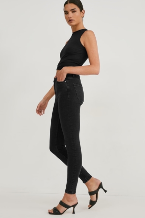 Jean C&A Made In Eu Mince High Taille Organic Coton Femme Noir | XY8937410