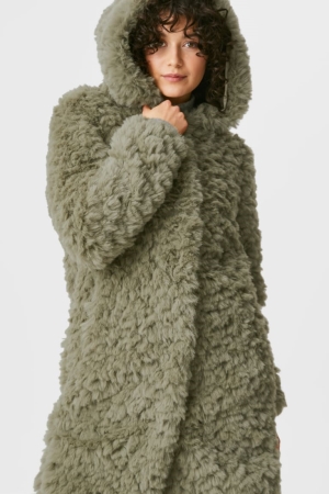 Manteaux C&A Faux Fur With Hood Femme Vert Foncé | TW0489623