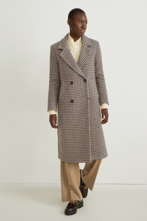Manteaux C&A With Shoulder Pads Laine Blend Check Femme Beige | FU3168427