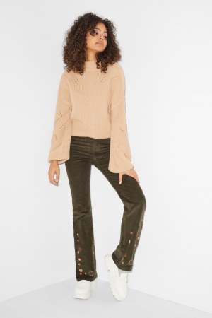 Pantalons C&A Clockhouse Corduroy High Taille Flared Floral Femme Vert | AB5487132