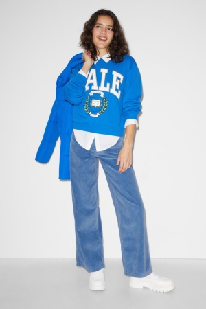 Pantalons C&A Clockhouse Corduroy High Taille Larges Leg Femme Bleu | OX1586049